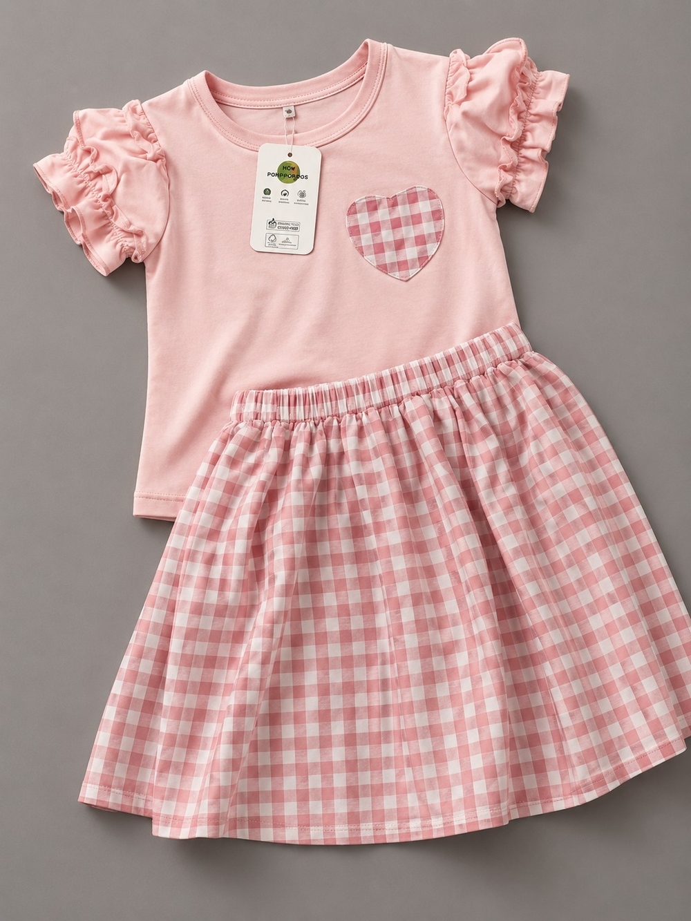 PatPat Pink Gingham Heart Ruffle Sleeve Top & Skirt Set